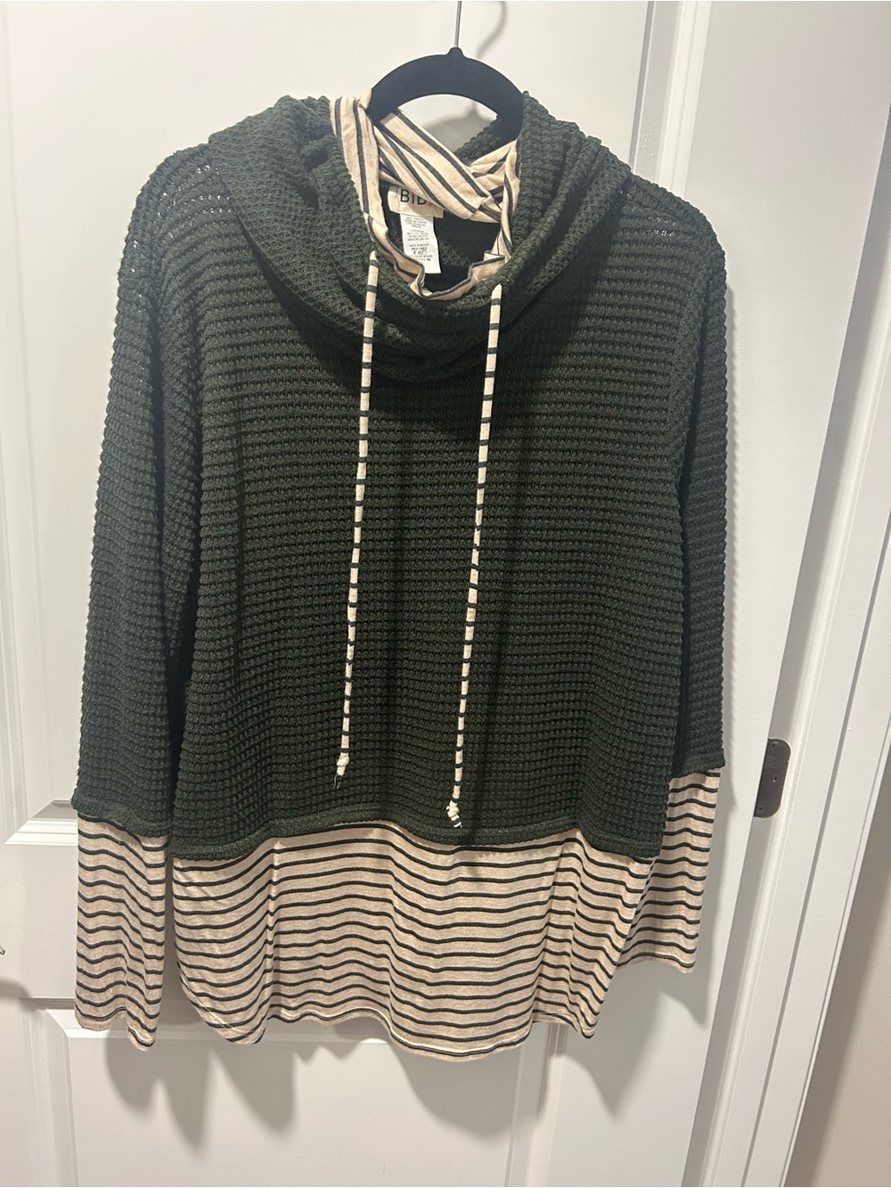 BiBi Olive Waffle-Knit Hooded Sweater with Cream and Navy Striped Hem - Size XL